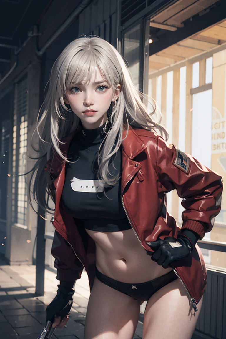 (masterpiece), Highest quality, Expressive eyes, Perfect Face, High resolution, One girl, alone, Gray Hair, Jacket, Ahoge, Fingerless gloves, abdomen, (Sheer panties), Crack, Put your hands on your hips, Leaning forward, smile, Fantasy Background, particle, magic, Are standing,Cowboy Shot, Looking at the audience, from the front,night, Abandoned city,