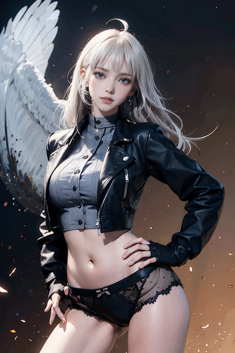 (masterpiece), Highest quality, Expressive eyes, Perfect Face, High resolution, One girl, alone, Gray Hair, Jacket, Ahoge, Fingerless gloves, abdomen, (Sheer panties), Crack, Put your hands on your hips, Leaning forward, smile, Fantasy Background, particle, magic, Are standing,Cowboy Shot, Looking at the audience, from the front,night, Abandoned city,