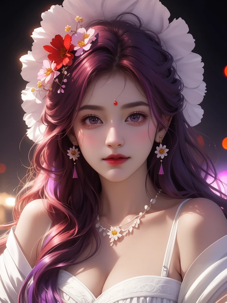 best quality, masterpiece, High target, There is a girl with a basket of flowers on her head, beautiful clothes, Hair Decorationss, necklace, Decorations, Pretty Face, When the body, Tyndall effect, Realistic Portraits, Edge lighting, Two-color light, (Very delicate skin:1.2), 8K uhd, Digital SLR Camera, Soft Light, high quality, Volumetric Lighting, Honest, photo, high resolution, 4K, 8K, Bokeh, Red Hair,purple hair ends,cartoon.