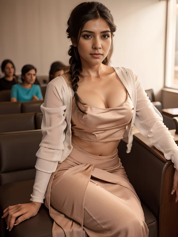 Best quality, masterpiece, Beautiful, young indian woman, teacher, college, looking straight at viewer, wearing elegant red full sleeve top and long skirt, college classroom, sitting on chair, professionalism, , detailed face, detailed body, symmetric face, cute face, dynamic pose, perfect anatomy, photorealistic, curvy body, braid hair, 8k, ultra realistic, blackboard background, ambient occlusion