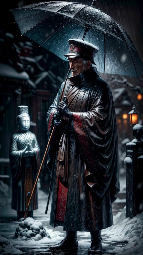 a elderly man holding an umbrella in the snow, giving his umbrella to a jizo statue, detailed face, detailed hair, detailed clothing, detailed landscape, cinematic lighting, muted color palette, soft focus, realistic, photorealistic, masterpiece, 8k, intricate details, highly detailed, hyper realistic, dramatic lighting, moody atmosphere