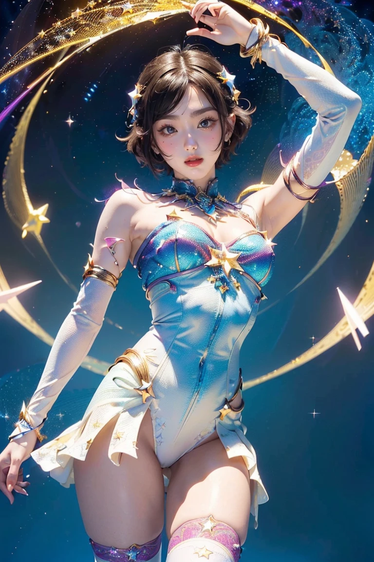 (tmasterpiece, top-quality, Best quality, offcial art, Beautiful and beautiful:1.2), (Girl in perfect shape:1.3), pale-skinned,Short hair detailicrovolumes,The content is very detailed,(s fractal art:1.2),Colorful,The most detailed,(tangled:1.2), (dynamicposes), (abstract backgrounds:1.5), (future world clothing:1.2), (stars shining bright:1.4),thigh high