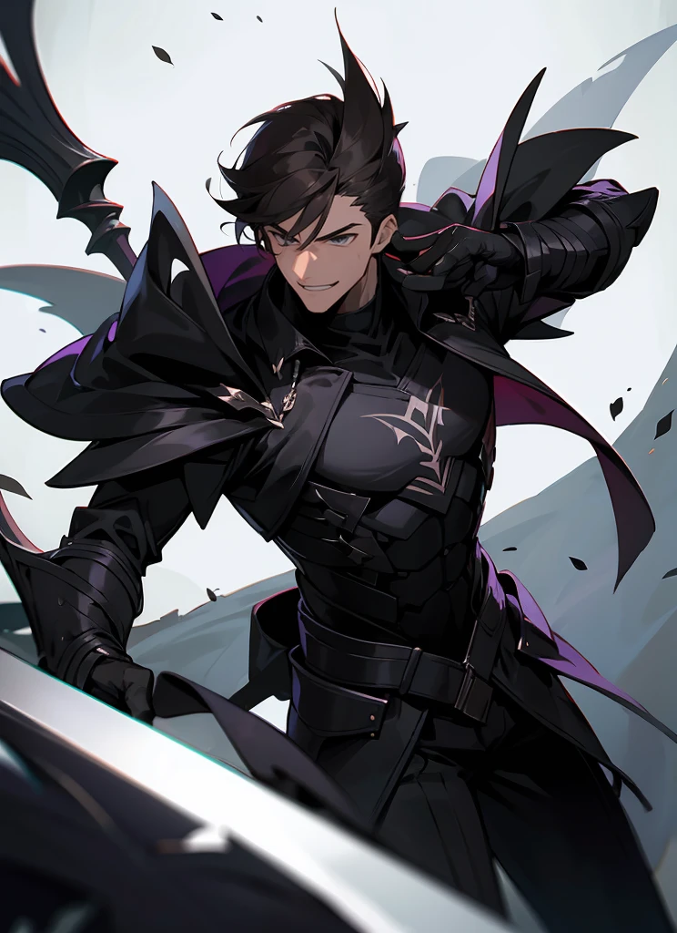 1 , handsome fashion hair,dark hair highlightwhite, fanstasy, smile face, male ,fantasy, reaper, hunter with blackshortsword, villian face, black armor , darkness wolrd, bad
