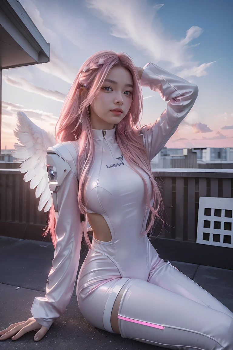 ((masterpiece, best quality, extremely detailed), volumetric lighting, ambient occlusion, colorful, glowing), 
1girl, solo, young girl, (pink hair), long hair, halo, aura, sacred, godness, cyber suit, (white outfit:1.3), android, bot, angel wings,
outdoors, sunset, sky, clouds, space, (cyberpunk theme:1.2),