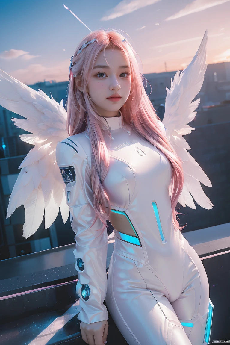 ((masterpiece, best quality, extremely detailed), volumetric lighting, ambient occlusion, colorful, glowing),
1girl, solo, young girl, (pink hair), long hair, halo, aura, sacred, godness, cyber suit, (white outfit:1.3), android, bot, angel wings,
outdoors, sunset, sky, clouds, space, (cyberpunk theme:1.2),