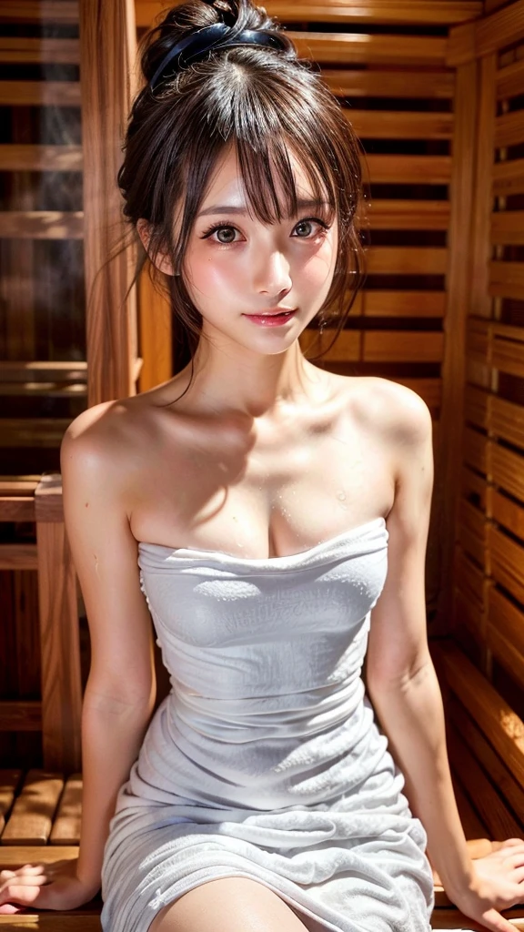 (1 female solo):1.5, (sauna:1.3), (whole body:1.3), (bun hair, dark brown hair), (highest quality, Photoreal:1.4, table top:1.3, Raw photo:1.2, cinematic light, highly detailed illustrations), (Very meticulously drawn face, Super Beautiful Maid, very delicate eyes, Ultra-detailed nooze, highly detailed mouth, highly detailed facial features, Super detailed body, Detailed hips, detailed thigh), (small breasts:1.3), from the front, show cleavage, (Very detailed towel fabric long dress:1.3, strapless), (sweat a lot), (Sitting on a wooden bench), leaning forward, smile:0.8, Light and shadow