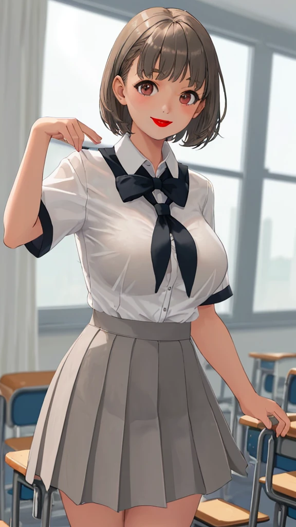 One female ，Short-sleeved white sheer school uniform，Gray skirt，light brown short hair，Big boobs，Face red，lipstick，Smile，Sunlight，Inside the classroom