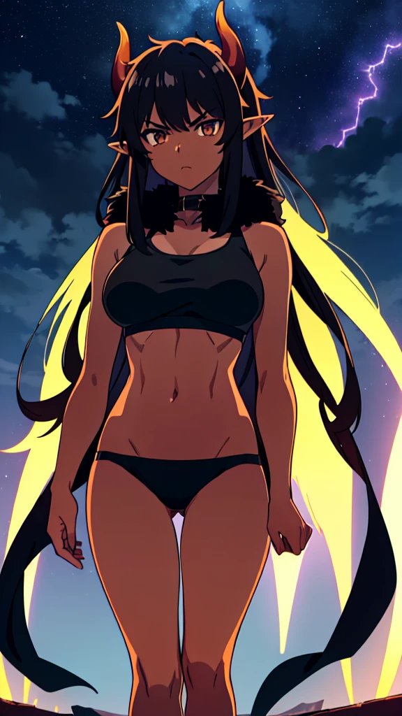 ((1girl,solo,mature female,tall)),big breasts,long hair, black hair,serious,horns,elf ears,black scarf,(dark skin),((midriff,black sports bra,neck fur)),(walking,night sky,night,thunder,lightnings,thunder clouds),from below,