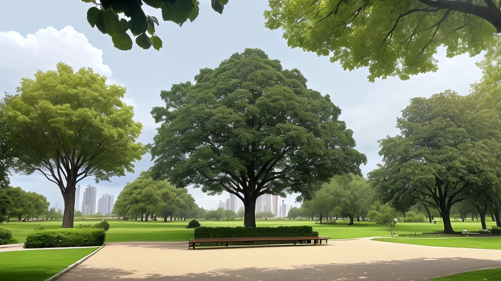 There is a park with a bench and a tree in the middle., Background tree, Background tree々, Park in the background, at the park, Huge central tree, There is a park in the background, at the park, Bodhi tree, large tree, some Background tree々, 都市at the park, sunny day at the park, Background tree々