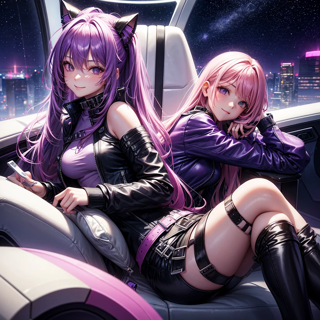 A young sexy woman with long purple hair and sexy clothes sits in a spaceship seat、A beautiful starry sky can be seen from the window.。smile,leather jacket,Future Fashion,Angel Girl,Pink Hair,Horny girl,High-dimensional beautiful girl,Multidimensional beautiful girl,colorful hair colors