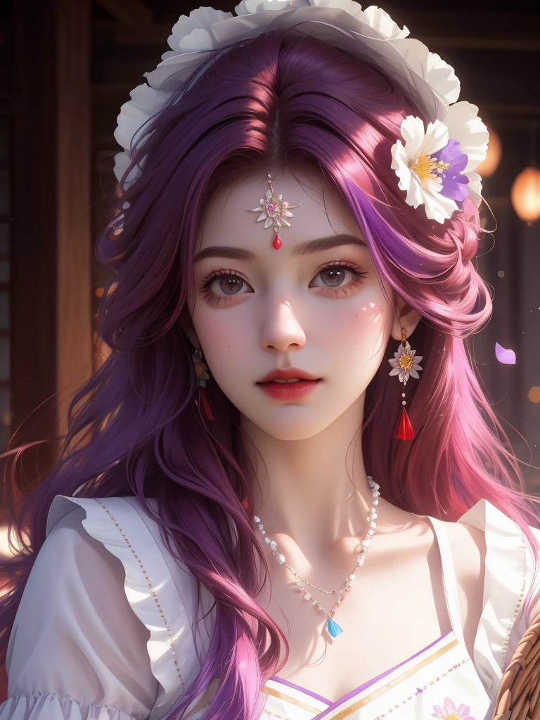 best quality, masterpiece, High target, There is a girl with a basket of flowers on her head, beautiful clothes, Hair Decorationss, necklace, Decorations, Pretty Face, When the body, Tyndall effect, Realistic Portraits, Edge lighting, Two-color light, (Very delicate skin:1.2), 8K uhd, Digital SLR Camera, Soft Light, high quality, Volumetric Lighting, Honest, photo, high resolution, 4K, 8K, Bokeh, Red Hair，purple hair ends，cartoon.