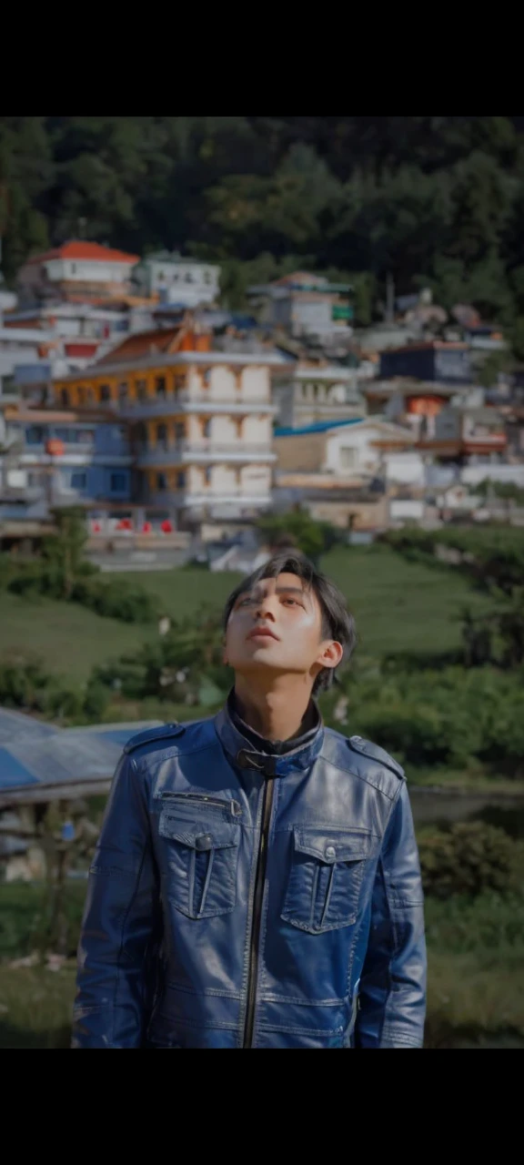 a man with medium black hair and vibrant black eyes, looking at the viewer with a closed mouth expression, wearing a leather coat, fantasy aesthetics, highly detailed, shadowverse style, best quality, 4k, 8k, ultra-detailed, photorealistic, studio lighting, extreme detail description, vivid colors, bokeh