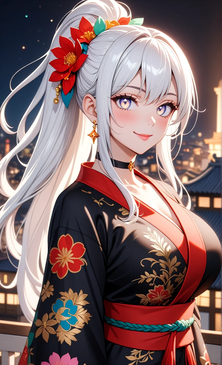 ((One personの女性)), Beautiful Face, (smile shyly), (smirk), ((Wink:1.9)), Laugh with your mouth wide open,((Bright red cheeks:1.4)),Shiny red lips,night, rooftop, firework, Glossy pink lips,Facial lighting,((Anime style background)),masterpiece, Highest quality, so beautiful,up to date, Complex details, (Pink long nails),  (ring),(bracelet),(choker),AI-generated, Complex,High resolution, Highest quality, super high quality,3D Images、3D Images,One person,Long white hair,High Ponytail,(blue eyes),Anime woman posing for a photo, ((Fine grain、Silvery white colorful eyes、Shining Eyes:1.3)),(Squint your eyes:1.1),a hyperRealistic , hyperRealistic , Realistic,Anime woman with long white hair, Smooth anime CG art, A woman in a colorful kimono with gold embroidery, (Black long sleeve kimono),Red floral pattern,Long flower hair ornament,Earrings,Mature Body,(Big Breasts:1.1),Tall,Abdominal muscles,Narrow waist,(Zoom up to face:), ((from side)),