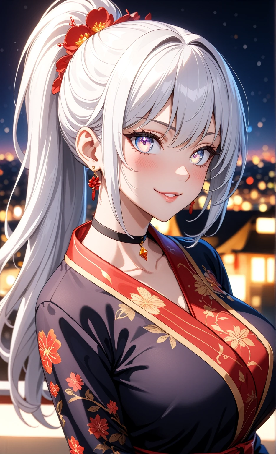 ((One personの女性)), Beautiful Face, (smile shyly), (smirk), ((Wink:1.9)), Laugh with your mouth wide open,((Bright red cheeks:1.4)),Shiny red lips,night, rooftop, firework, Glossy pink lips,Facial lighting,((Anime style background)),masterpiece, Highest quality, so beautiful,up to date, Complex details, (Pink long nails), (ring),(bracelet),(choker),AI-generated, Complex,High resolution, Highest quality, super high quality,3D Images、3D Images,One person,Long white hair,High Ponytail,(blue eyes),Anime woman posing for a photo, ((Fine grain、Silvery white colorful eyes、Shining Eyes:1.3)),(Squint your eyes:1.1),a hyperRealistic , hyperRealistic , Realistic,Anime woman with long white hair, Smooth anime CG art, A woman in a colorful kimono with gold embroidery, (Black long sleeve kimono),Red floral pattern,Long flower hair ornament,Earrings,Mature Body,(Big Breasts:1.1),Tall,Abdominal muscles,Narrow waist,(Zoom up to face:), ((from side)),