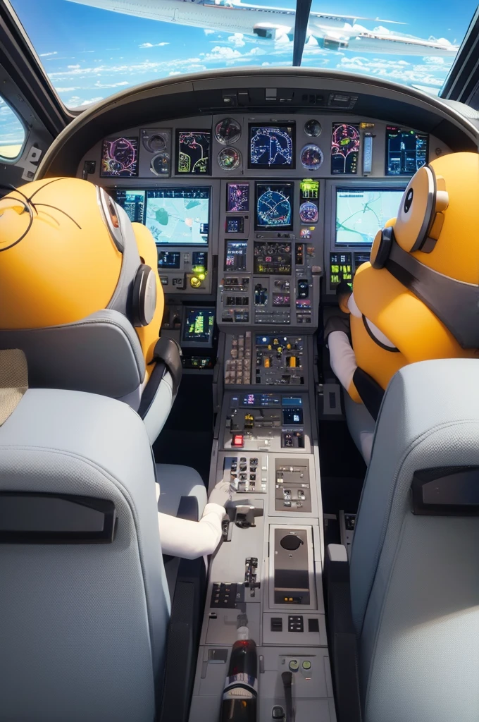minion from Despicable Me piloting a 747 passenger plane into a skyscraper, view from inside the cockpit 