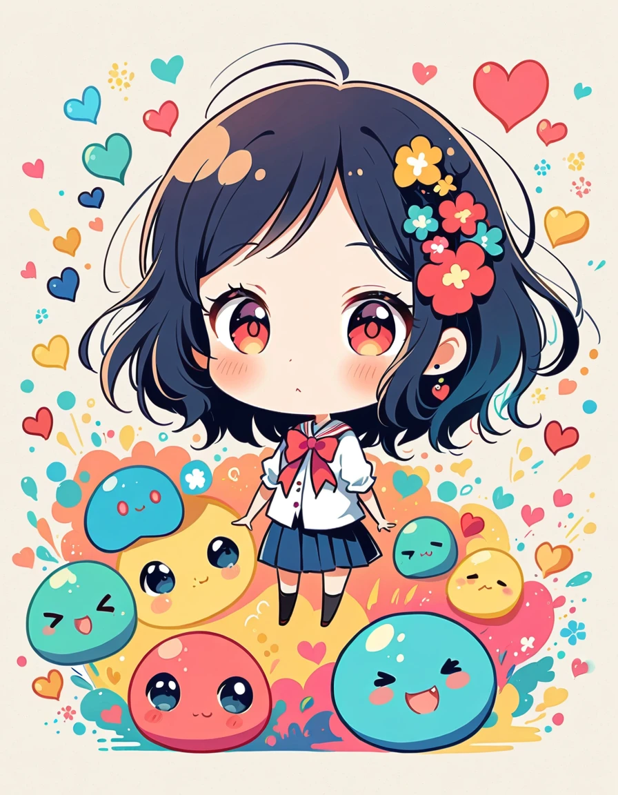 Mai Yoneyama style, Simple Line Initialism,Abstract art,Urban Background, colorful hearts ,(((The most beautiful girl of all time))), (((chibi))), (((Cute amoeba))), school room
