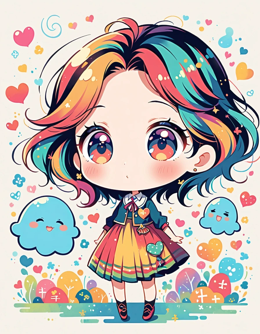 Mai Yoneyama style, Simple Line Initialism，Abstract art，Urban Background, colorful hearts ,(((The most beautiful girl of all time))), (((chibi))), (((Cute amoeba))), school room
