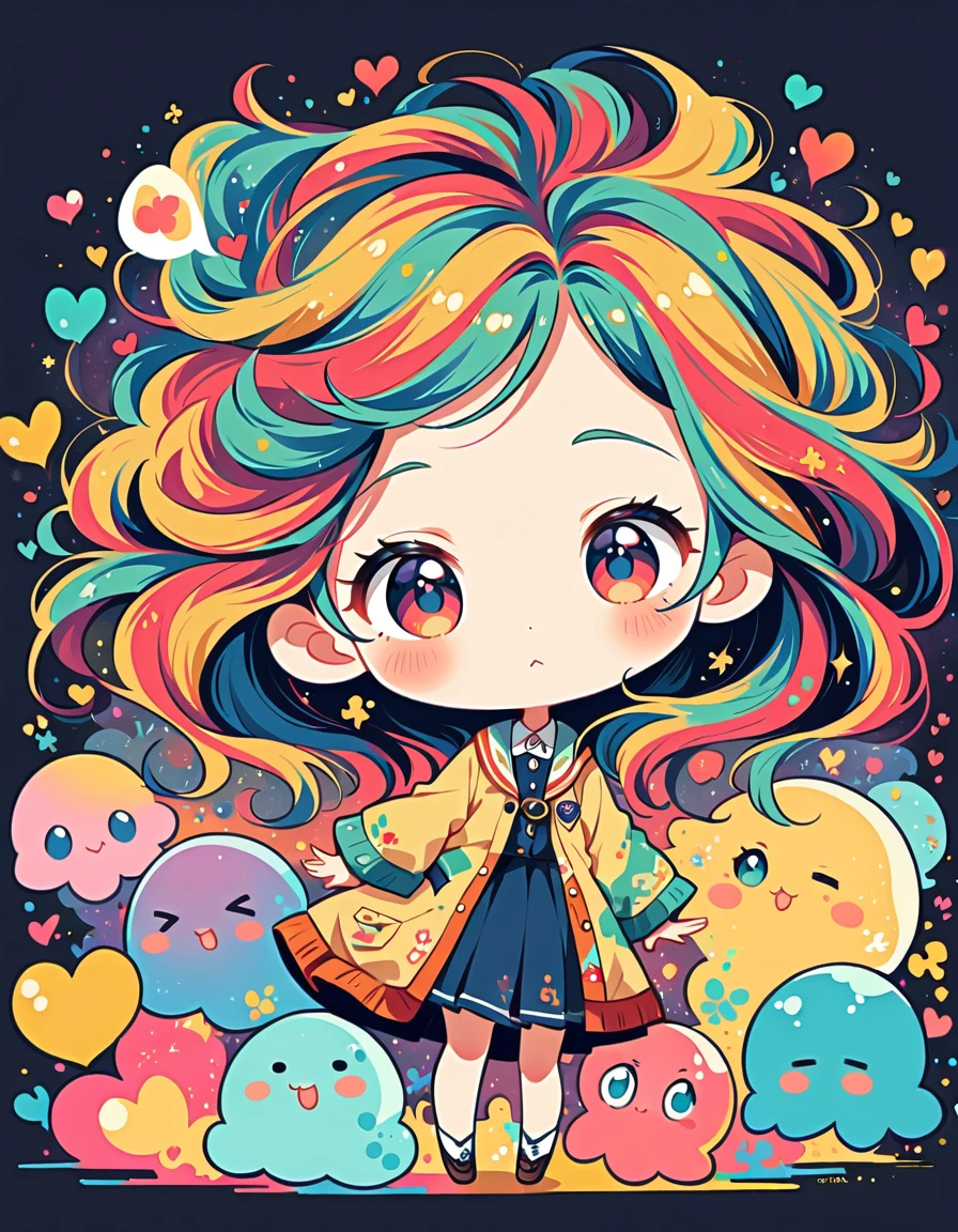 Mai Yoneyama style, Simple Line Initialism,Abstract art,Urban Background, colorful hearts ,(((The most beautiful girl of all time))), (((chibi))), (((Cute amoeba))), school room