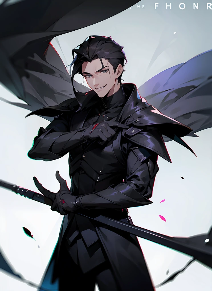 1 , handsome fashion hair,dark hair highlightwhite, fanstasy, smile face, male ,fantasy, reaper, hunter with blackshortsword, villian face, black armor , darkness wolrd, bad