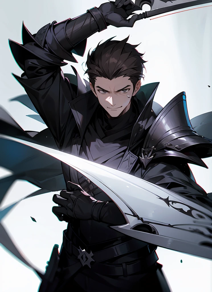 1 , handsome fashion hair,dark hair highlightwhite, fanstasy, smile face, male ,fantasy, reaper, hunter with blackshortsword, villian face, black armor , darkness wolrd, bad