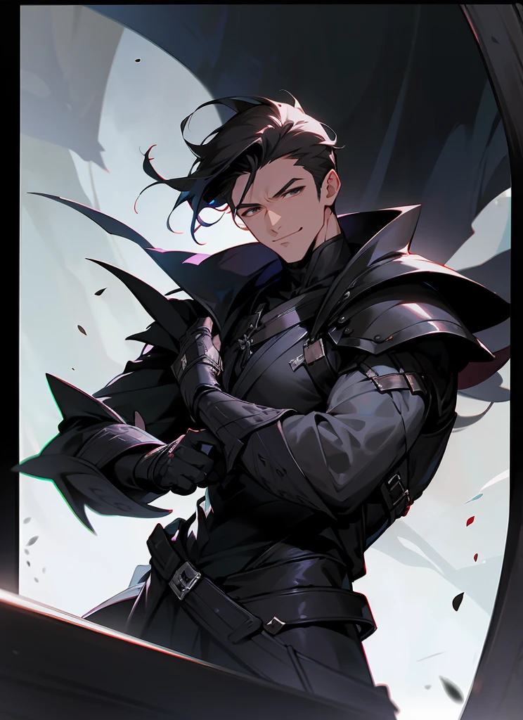 1 , handsome fashion hair,dark hair highlightwhite, fanstasy, smile face, male ,fantasy, reaper, hunter with blackshortsword, villian face, black armor , darkness wolrd, bad