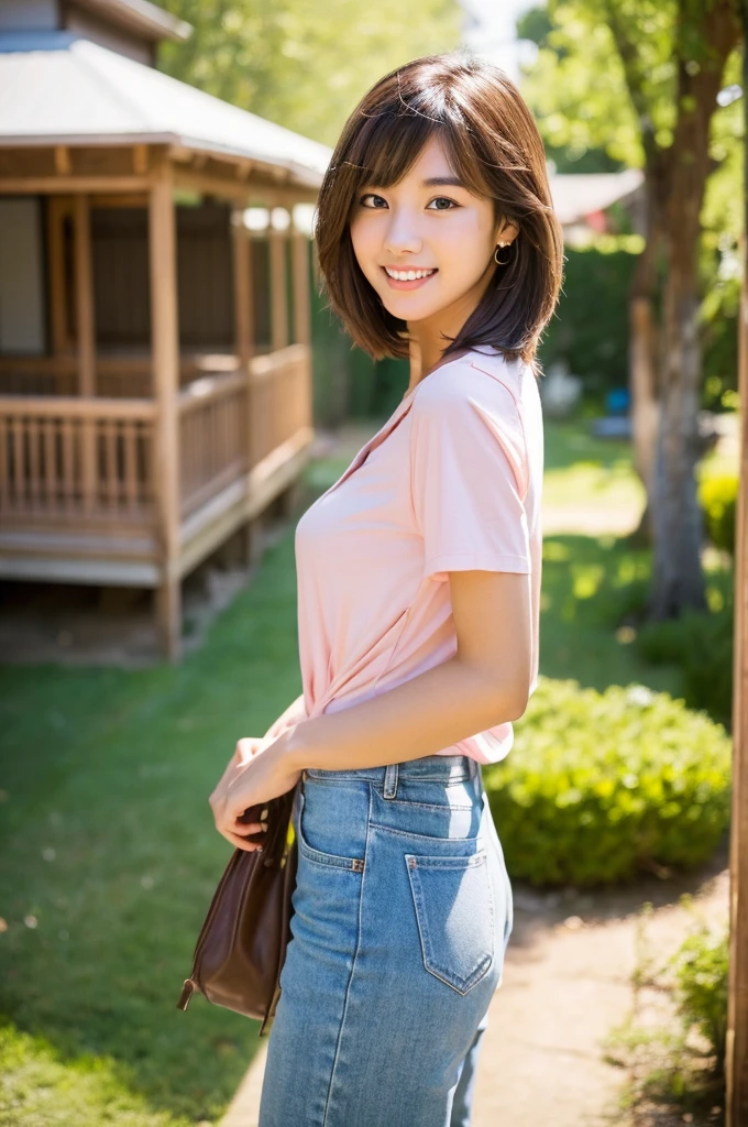 Backpacker woman wearing dirty clothes, rural western america, rental house, senior year, ((full body)), ((photo)), ((best qualtiy, 8K, tmasterpiece:1.3)), Focus:1.2, perfect figure beautiful girl:1.4, 1girl, cowboy shot, look at viewer, incredibly absurd, beautiful and cute girl with a photorealistic face, showcasing top-quality craftsmanship, A Japanese woman walking around town as a backpacker, 20 years old, very short brown hair, short bangs, longer hair on the sides, soft hair with a beautiful flow, clear facial features, large light brown eyes, double eyelids, long eyelashes, small nose, plump pink lips, white teeth, impressive smile, gentle eyes, fair and smooth skin, tall, glamorous, slender, 163cm tall, large G-cup breasts, simple and casual style, fashion that emphasizes her chest, earrings, necklace, favorite camera, cheerful and energetic older sister, beautiful girl, pretty, leader, curious, proactive, positive, sticks to her beliefs, sociable, honest, good at encouraging others, polite, walks with a spring in her step, September