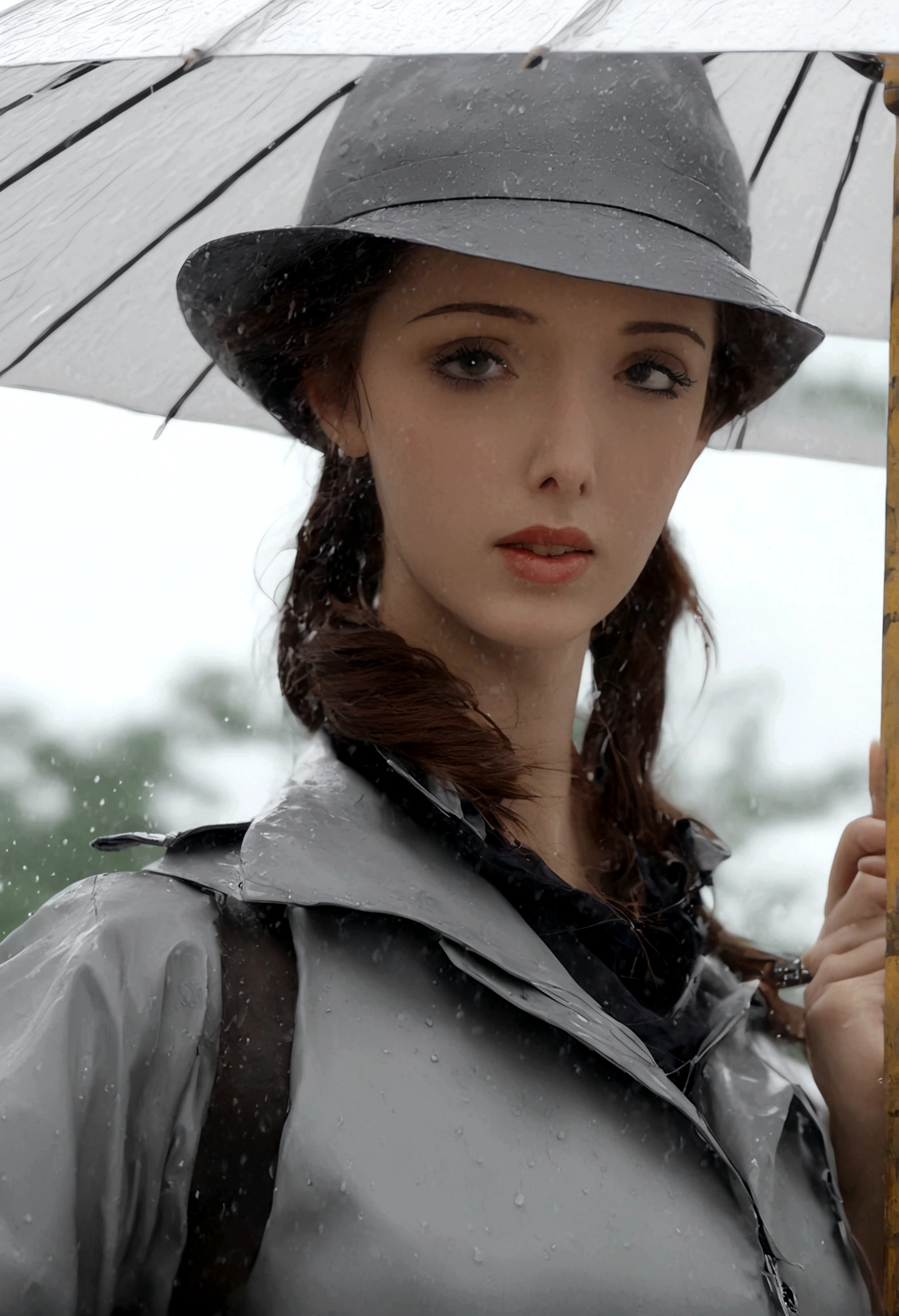 a female version of inspector gadget, cute sexy inspector 2 piece outfit, detective hat that has opened at the top and extended a robot arm holding an umbrella, downpour rain, new york, (best quality,4k,8k,highres,masterpiece:1.2),ultra-detailed,(realistic,photorealistic,photo-realistic:1.37),highly detailed,intricate details,hyper detailed,extremely detailed,extremely detailed face,beautiful detailed eyes,beautiful detailed lips,extremely detailed eyes and face,longeyelashes,cinematic lighting,dramatic lighting,dramatic rain effects,stormy sky,gloomy atmosphere,moody lighting,dark and gloomy,cyberpunk,science fiction,retrofuturistic,futuristic,high tech