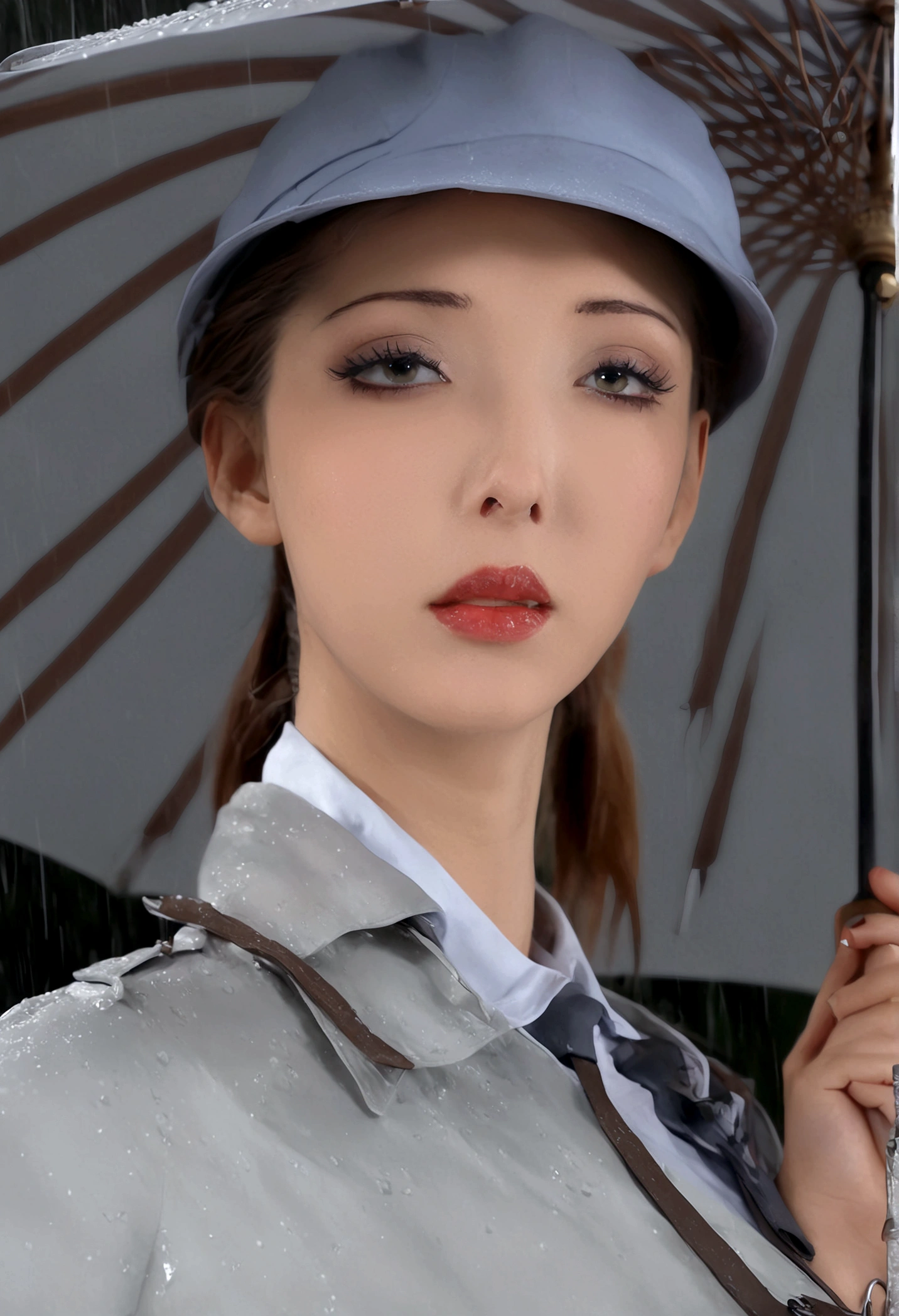 a female version of inspector gadget, cute sexy inspector 2 piece outfit, detective hat that has opened at the top and extended a robot arm holding an umbrella, downpour rain, new york, (best quality,4k,8k,highres,masterpiece:1.2),ultra-detailed,(realistic,photorealistic,photo-realistic:1.37),highly detailed,intricate details,hyper detailed,extremely detailed,extremely detailed face,beautiful detailed eyes,beautiful detailed lips,extremely detailed eyes and face,longeyelashes,cinematic lighting,dramatic lighting,dramatic rain effects,stormy sky,gloomy atmosphere,moody lighting,dark and gloomy,cyberpunk,science fiction,retrofuturistic,futuristic,high tech