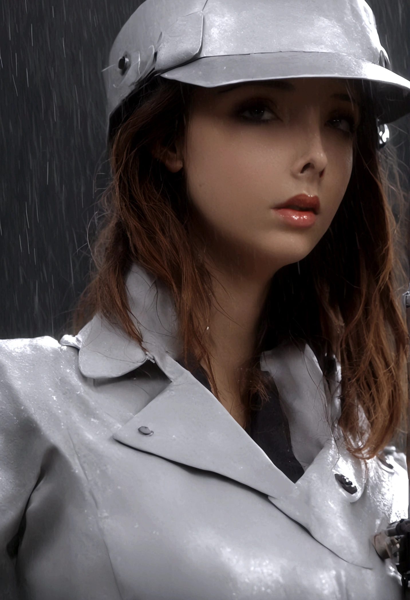 a female version of inspector gadget, cute sexy inspector 2 piece outfit, detective hat that has opened at the top and extended a robot arm holding an umbrella, downpour rain, new york, (best quality,4k,8k,highres,masterpiece:1.2),ultra-detailed,(realistic,photorealistic,photo-realistic:1.37),highly detailed,intricate details,hyper detailed,extremely detailed,extremely detailed face,beautiful detailed eyes,beautiful detailed lips,extremely detailed eyes and face,longeyelashes,cinematic lighting,dramatic lighting,dramatic rain effects,stormy sky,gloomy atmosphere,moody lighting,dark and gloomy,cyberpunk,science fiction,retrofuturistic,futuristic,high tech
