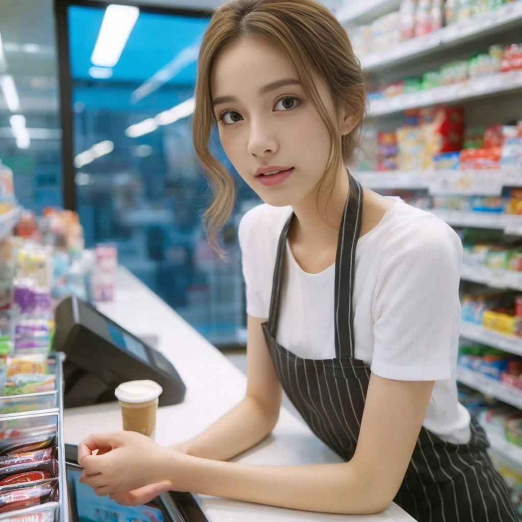 High resolution、The convenience store of the future、Convenience store clerk、17 year-old woman、1Girl clerk、Looking into the camera、Finish as shown in the picture、Inside the store、Her skin is white and beautiful、Colored inside