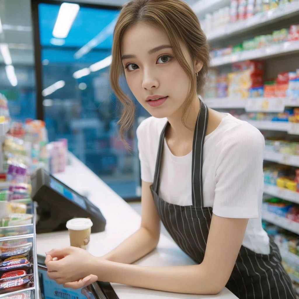 High resolution、The convenience store of the future、Convenience store clerk、17 year-old woman、1Girl clerk、Looking into the camera、Finish as shown in the picture、Inside the store、Her skin is white and beautiful、Colored inside