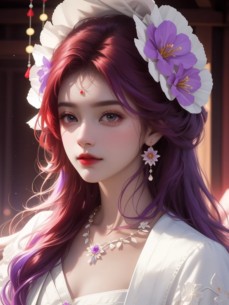 best quality, masterpiece, High target, There is a girl with a basket of flowers on her head, beautiful clothes, Hair Decorationss, necklace, Decorations, Pretty Face, When the body, Tyndall effect, Realistic Portraits, Edge lighting, Two-color light, (Very delicate skin:1.2), 8K uhd, Digital SLR Camera, Soft Light, high quality, Volumetric Lighting, Honest, photo, high resolution, 4K, 8K, Bokeh, Red Hair,purple hair ends,cartoon.