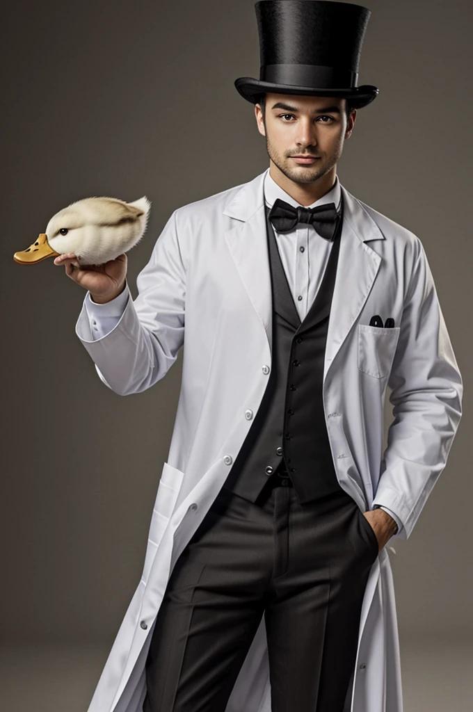 Make a picture of a duck( ANIMAL) , with a lab coat that has the initials on the left breast pocket "q.F.b" , also have a top hat , all this with a laboratory background