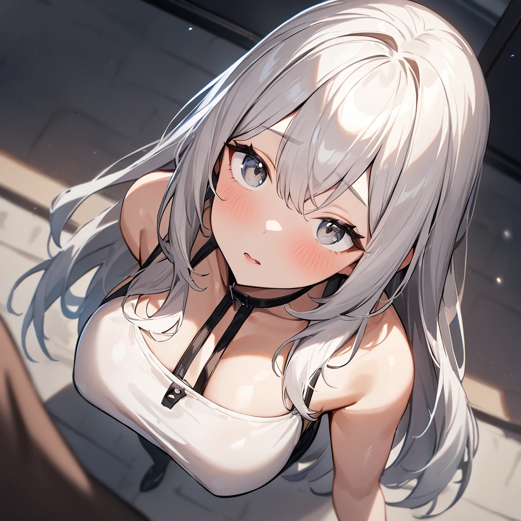 1girl,looking up,pov,From above,long hair,White hair,grey eyes,shiny hair,breasts,masterpiece, best quality, very aesthetic, absurdres,