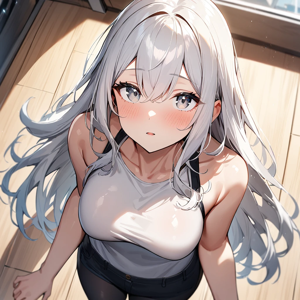 1girl,looking up,pov,From above,long hair,White hair,grey eyes,shiny hair,breasts,masterpiece, best quality, very aesthetic, absurdres,