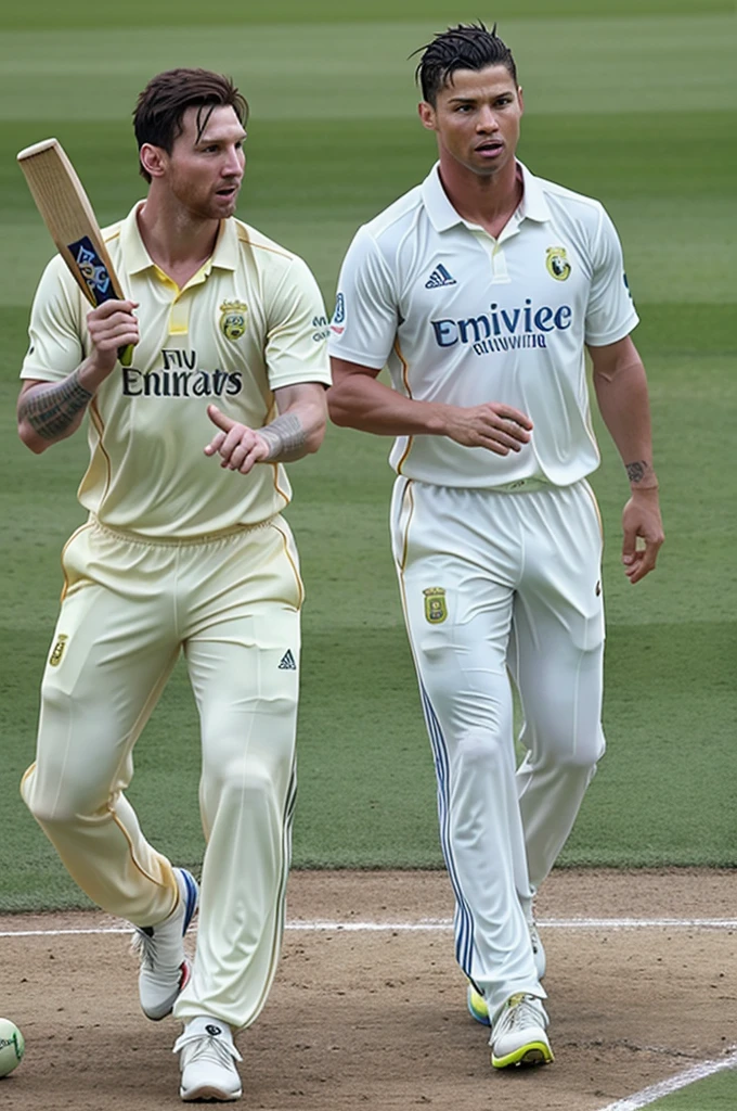 Epic realistic image of messi and ronaldo playing cricket 