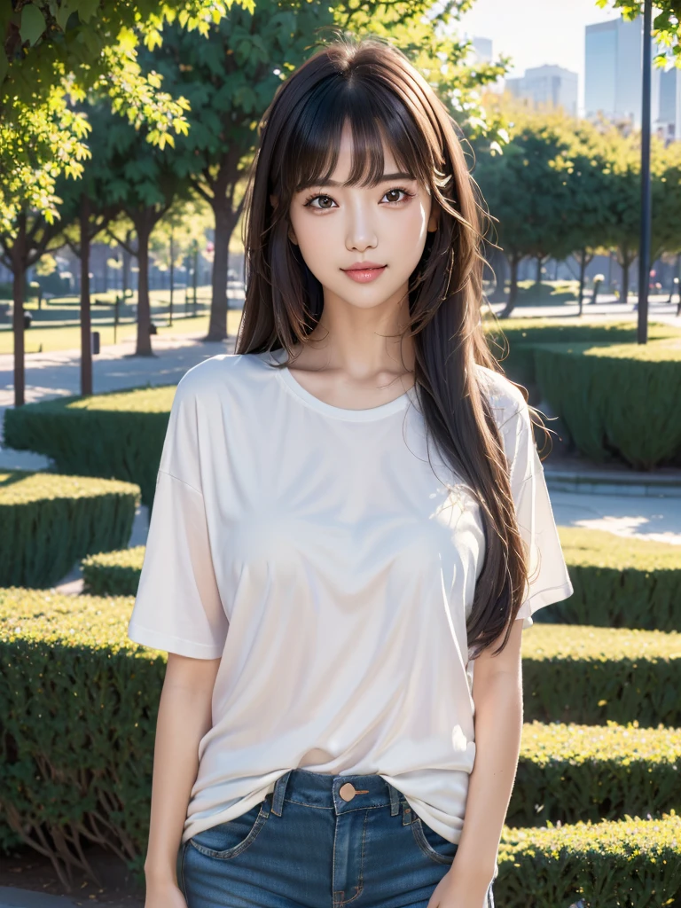 One girl,Beautiful Model , Instagram (photoRealistic, High resolution:1.4), ((Puffy eyes)), View your viewers, , whole body (8K, RAW Photos, Highest quality, masterpiece:1.2), (Realistic, photo-Realistic:1.37),(Sharp focus:1.2), Professional Lighting, Photon Mapping, Radio City, Physically Based Rendering, (Realistic skin:1.2),( ), View your viewers, (Mid-length hair:1.5),, Purple eyes, (Silver Hair:1.1),bangs, (Park Background:1.4), alone, Realistic,(masterpiece:1.4),(Highest quality:1.4),(Shiny skin),Fashionable Girl,compensate,smile(skinny,Mouth closed,shy :1.3) , shoulder,Full Color:1.1),whole bodyショット,T-Shirts ,jeans,Medium Bust,Sexy pose ,