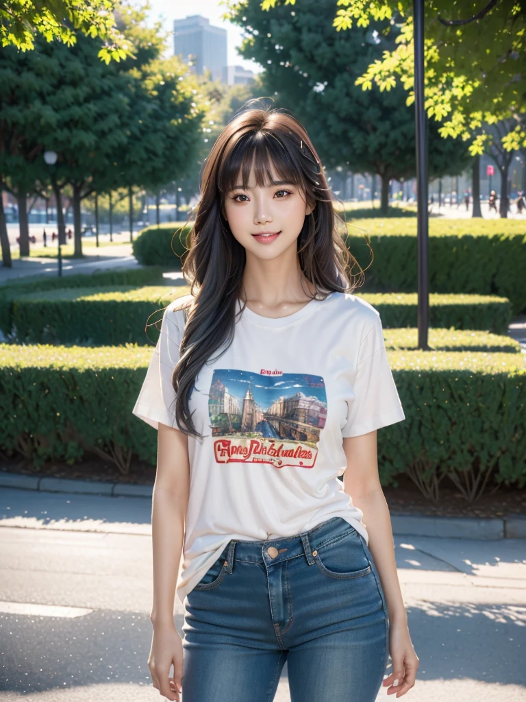 One girl,Beautiful Model , Instagram (photoRealistic, High resolution:1.4), ((Puffy eyes)), View your viewers, , whole body (8K, RAW Photos, Highest quality, masterpiece:1.2), (Realistic, photo-Realistic:1.37),(Sharp focus:1.2), Professional Lighting, Photon Mapping, Radio City, Physically Based Rendering, (Realistic skin:1.2),( ), View your viewers, (Mid-length hair:1.5),, Purple eyes, (Silver Hair:1.1),bangs, (Park Background:1.4), alone, Realistic,(masterpiece:1.4),(Highest quality:1.4),(Shiny skin),Fashionable Girl,compensate,smile(skinny,Mouth closed,shy :1.3) , shoulder,Full Color:1.1),whole bodyショット,T-Shirts ,jeans,Medium Bust,Sexy pose ,