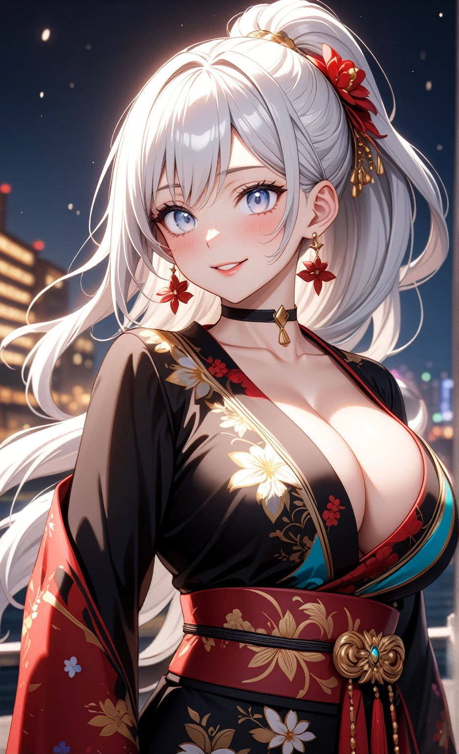 ((One personの女性)), Beautiful Face, (smile shyly), embarrassed, , ((Wink:1.8)), Laugh with your mouth wide open,((Bright red cheeks:1.4)),Shiny red lips,night,横浜のnight景,You can see the ocean, firework,,Glossy pink lips,Facial lighting,((Anime style background)),masterpiece, Highest quality, so beautiful,up to date, Complex details, (Pink long nails), (ring),(bracelet),(choker),AI-generated, Complex,High resolution, Highest quality, super high quality,3D Images、3D Images,One person,Long white hair,High Ponytail,(blue eyes),Anime woman posing for a photo, ((Fine grain、Silvery white colorful eyes、Shining Eyes:1.3)),(Squint your eyes:1.1),a hyperRealistic , hyperRealistic , Realistic,Anime woman with long white hair, Smooth anime CG art, A woman in a colorful kimono with gold embroidery, (Black long sleeve kimono),Red floral pattern,Long flower hair ornament,Earrings, Body,(Big BrTall,Abdominal muscles,Narrow waist,(Zoom up to face:1.2), ((from side)),