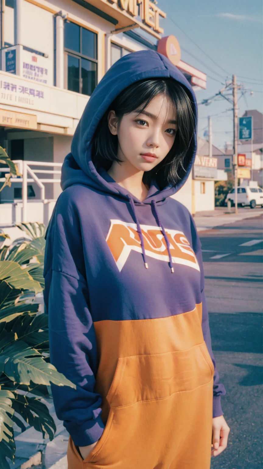8K, 1girl, UHD,beautiful, black bob hairstlye, ((orange oversize hoodie)), oversize_shirt, sweatpants, Evening light,,Taking a walk,purple slacks, look at viewer, (((80's architecture colorful motel))) ,perfect beautiful face,perfect nose,perfect eyes, perfect lips kodak gold 200 fisheye-8mmlens-v2exp ,25 yo cute korean, ((busty perfect body)) perfect face, 35mm film,palm trees, blue sky, sunny summer, los angles vibes (photorealistic:1.2), (ultra realistic:1.3), (very detailed:1.1), ((masterpiece))
