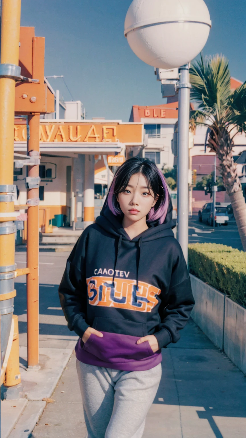 8K, 1girl, UHD,beautiful, black bob hairstlye, ((orange oversize hoodie)), oversize_shirt, sweatpants, Evening light,,Taking a walk,purple slacks, look at viewer, (((80's architecture colorful motel))) ,perfect beautiful face,perfect nose,perfect eyes, perfect lips kodak gold 200 fisheye-8mmlens-v2exp ,25 yo cute korean, ((busty perfect body)) perfect face, 35mm film,palm trees, blue sky, sunny summer, los angles vibes (photorealistic:1.2), (ultra realistic:1.3), (very detailed:1.1), ((masterpiece))