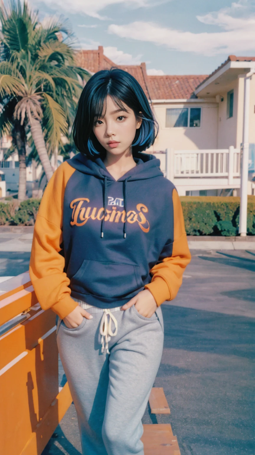 8K, 1girl, UHD,beautiful, black bob hairstlye, ((orange oversize hoodie)), oversize_shirt, sweatpants, Evening light,，Taking a walk，purple slacks, look at viewer, (((80's architecture colorful motel))) ,perfect beautiful face,perfect nose,perfect eyes, perfect lips kodak gold 200 fisheye-8mmlens-v2exp ,25 yo cute korean, ((busty perfect body)) perfect face, 35mm film,palm trees, blue sky, sunny summer, los angles vibes (photorealistic:1.2), (ultra realistic:1.3), (very detailed:1.1), ((masterpiece))