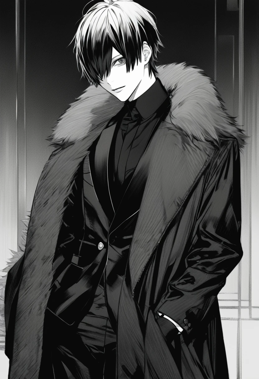 yuto-sano, 1boy, Kaneki, black hair, black suit, black long sleeves, fur coat, elegant, monochrome, solo, greyscale, male focus, looking at viewer