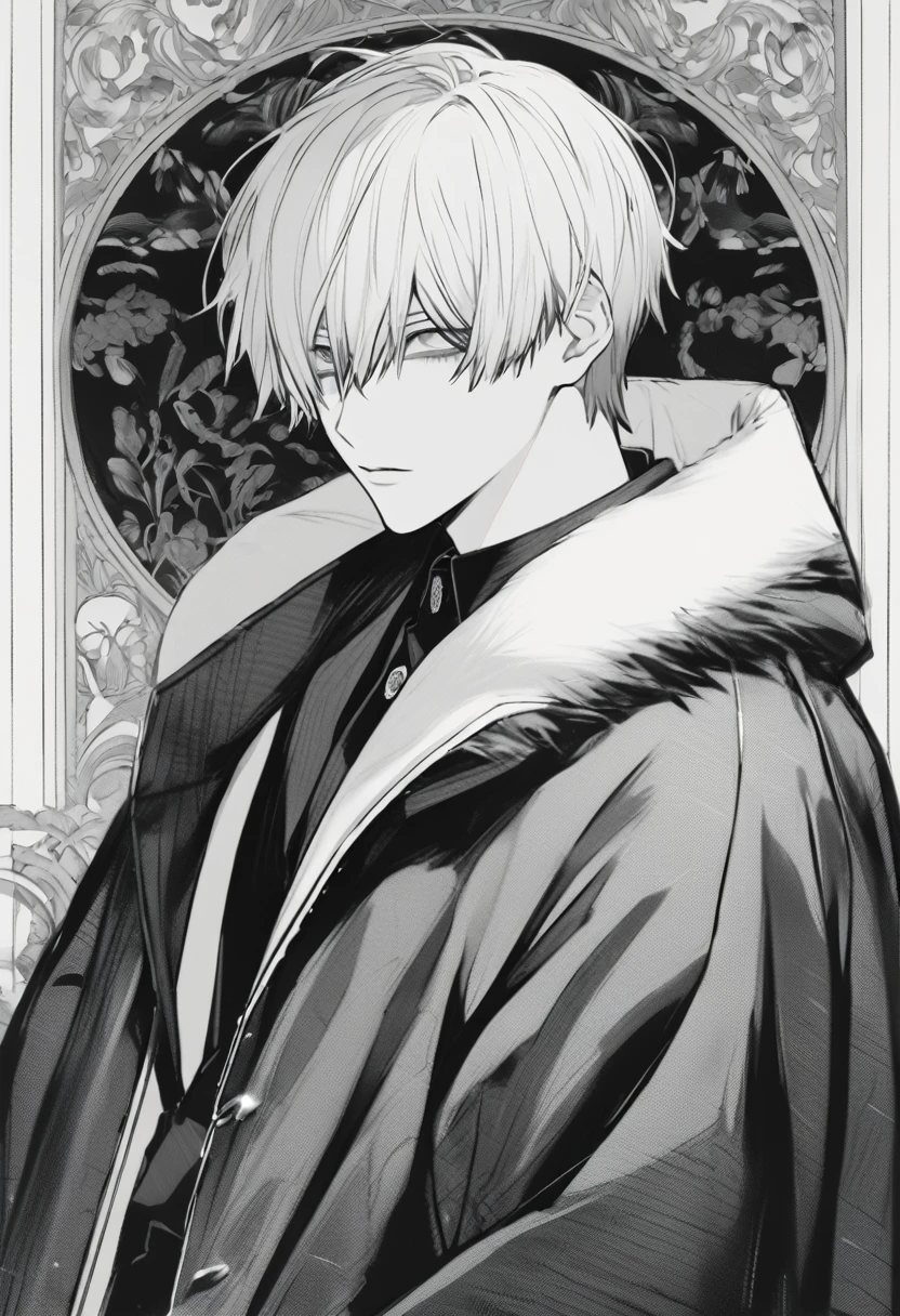yuto-sano, 1boy, Kaneki, black hair, black suit, black long sleeves, fur coat, elegant, monochrome, solo, greyscale, male focus, looking at viewer