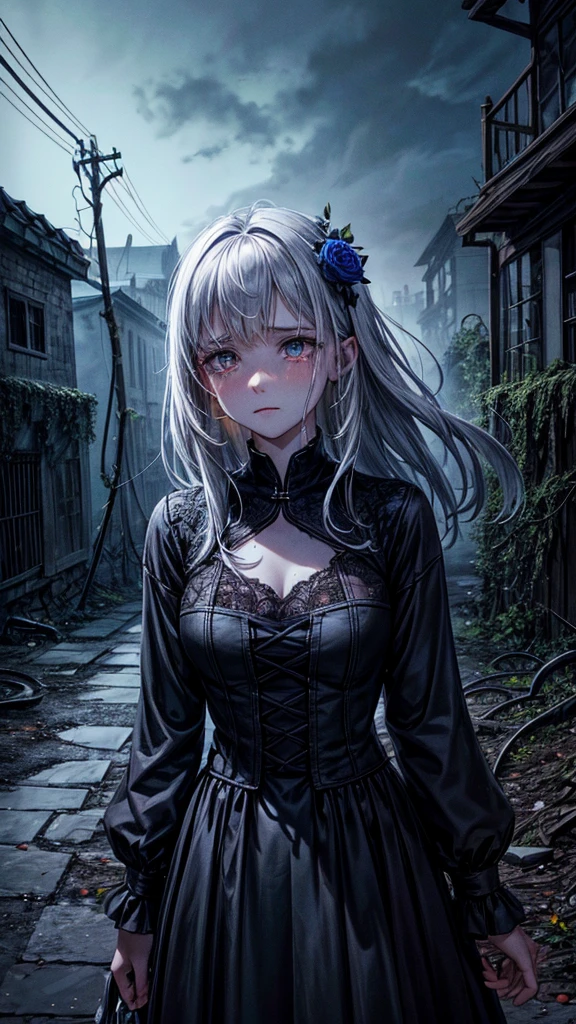 (Highest quality,High resolution,Very detailed,real:1.2),Dark abyss background,Underworld,an ominous,Girl in shabby clothes,Crying emoticon,Tears,Gray Hair,Face close-up,Very white skin,Lifeless skin,Has bright red flowers,Apocalyptic,Abandoned medieval town,Collapse of buildings,cracked surface,an ominous雲,Blood Moon,The ground cracks,dead tree,Overgrown vines,Behind me is a giant glowing blue vine,Spooky Shadow,Eerie silence,The wind is blowing in the distance,an ominous雰囲気,Deserted Street,Falling petals,Hauntingly beautiful,There is a sense of loneliness,The lost soul wanders,Weaving a web of despair,Darkness spreads,embrace the unknown.