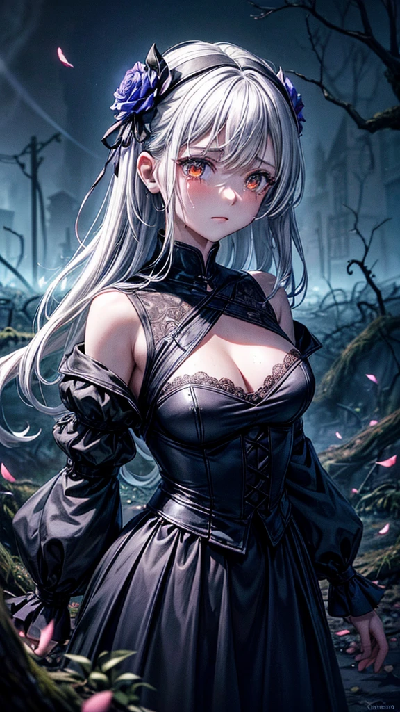 solo, female, medium short, sfw, extremely long hair, white hair, wavy hair, horse ears, red eyes, pale, dark forest, mist, huge breasts, centaur girl, tiny waist, black elbow gloves, lingerie, corset, exposed midriff, fit, hair over one eye, seductive smile, mole under eye