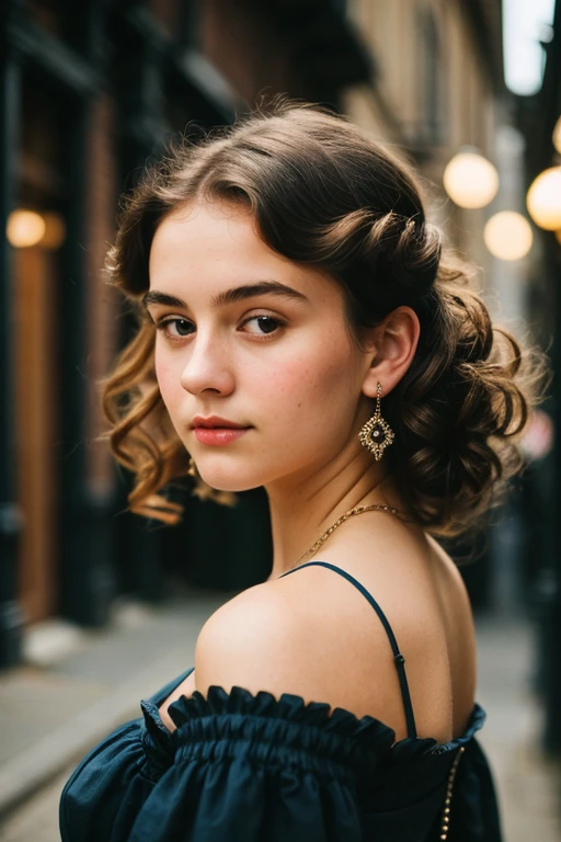 (a closeup of a beautiful 15 year old girl on a 19th century street in a vintage dress), (Serious:0.5), (Very detailed face:1.4), ass point of view, Nikon D850, film stock photography, 4 Kodak Portra 400, f1 camera.6 lenses, saturated colors, Hyper realistic, realistic texture, dramatic lighting, Cinestill 800, 19th century Victorian style, evening, vintage lighting, medium curly hair