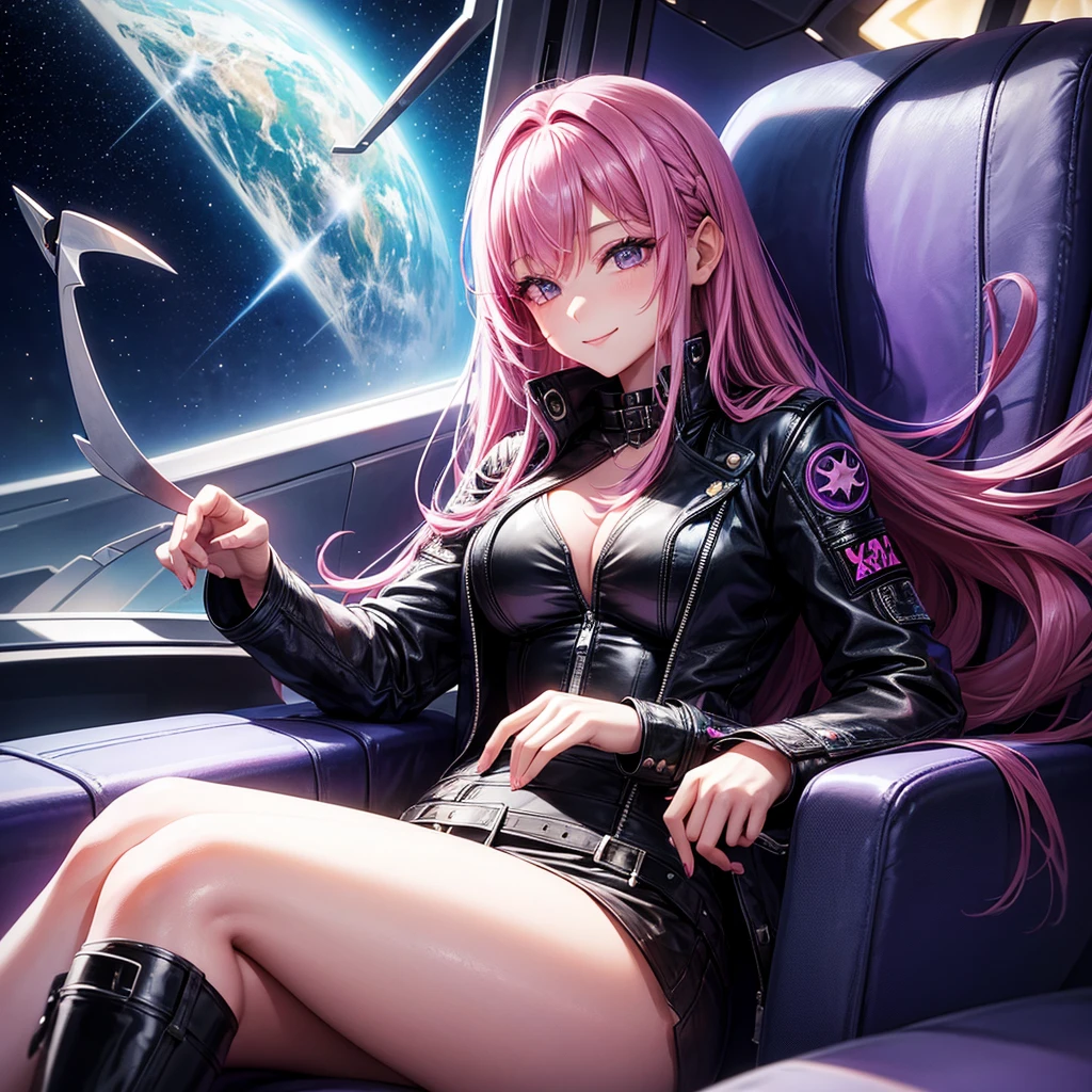 A young sexy woman with long purple hair and sexy clothes sits in a spaceship seat、A beautiful starry sky can be seen from the window.。smile,leather jacket,Future Fashion,Angel Girl,Pink Hair,Horny girl,High-dimensional beautiful girl,Multidimensional beautiful girl,colorful hair colors