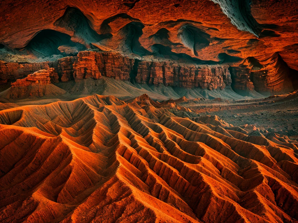 A mesmerizingly rugged Martian landscape, every feature teeming with ancient history: jagged rock formations in dusty reds and oranges, winding riverbeds etched into the barren ground, and distant mountains silhouetted against a blood-red sky. This awe-inspiring scene is captured in a stunning high-definition photograph, showcasing the intricacies of the planet's unique topography. The image beautifully showcases the raw, untamed beauty of Mars, inviting viewers to explore its otherworldly terrain.