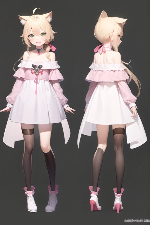 [upright],[One person in the middle],[[Princess]],Masterpiece, High quality, decoration, Ahoge, Complex fabric, smile, Both arms, Virtual YouTuber,[[blush]],Concept Art, White background,Simple Background, ID photo full body shot, Are standing, No pause, Blonde cat ears, Very long hair, ponytail, Green Eyes, Glowing Eyes, choker, Pink off-the-shoulder blouse with ribbon, White hoodie with front opening, white bustle skirt, blush, White Long Boots,[[Align your feet]],[Absolute area], No background